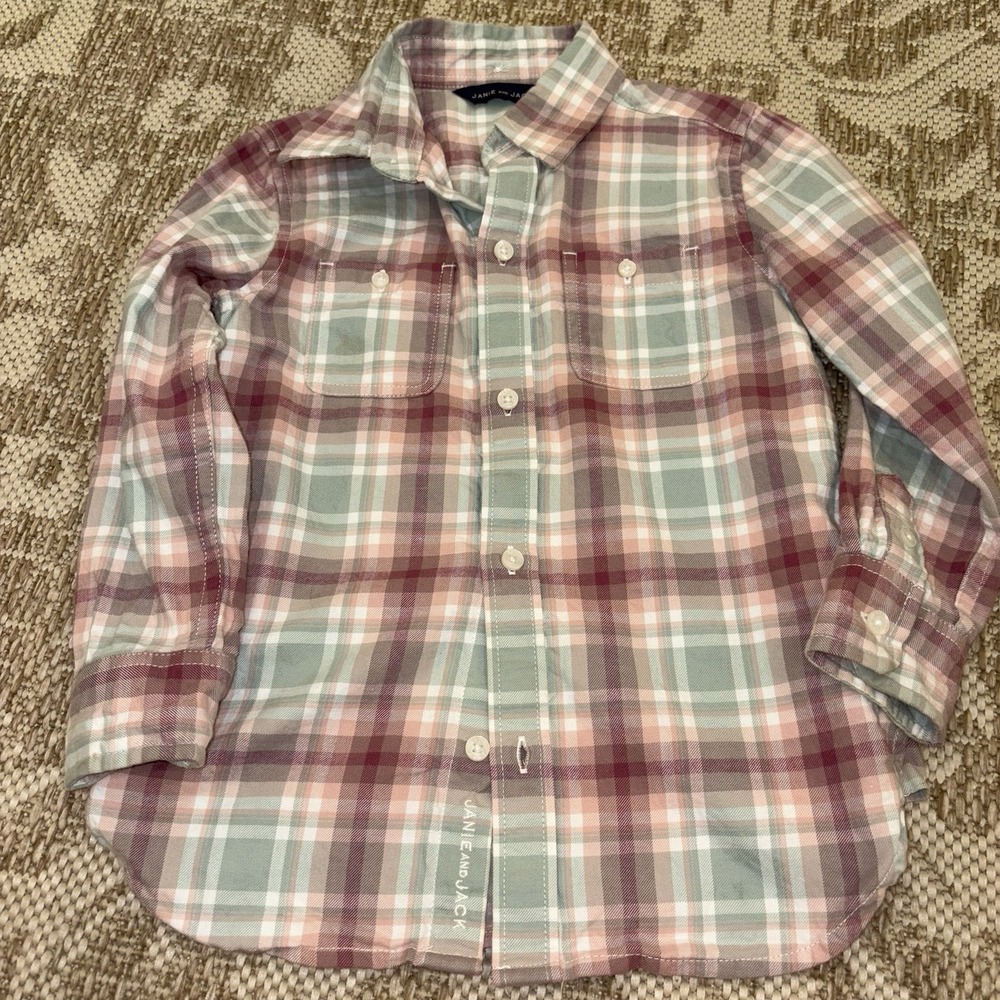 Janie And Jack Boys Size 3 3T Berry Mauve Tartan Plaid Flannel Button Up Shirt